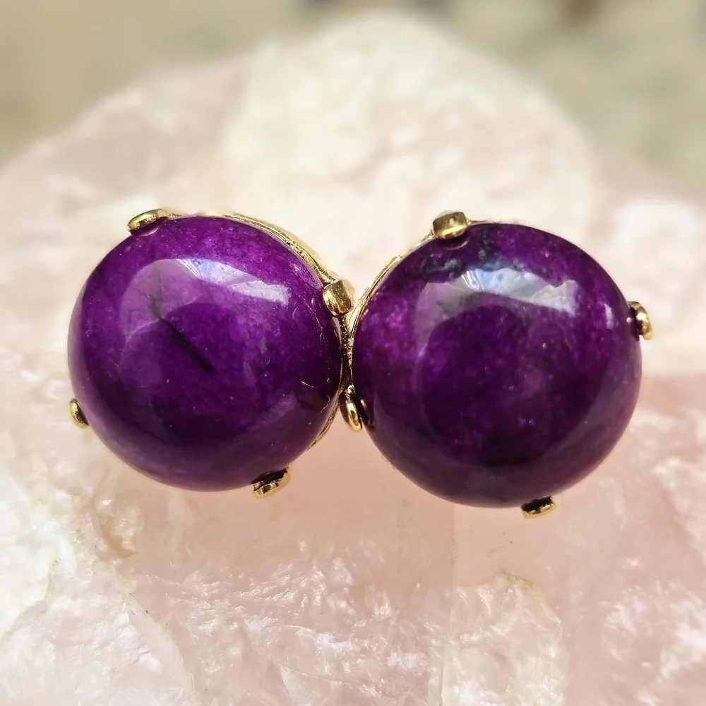 Purple Jade Stud Earrings In 18K Gold Plated